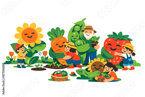 Image Generation. Green backyard alive with spring joy where family members garden together and plants grow into oversized smiling