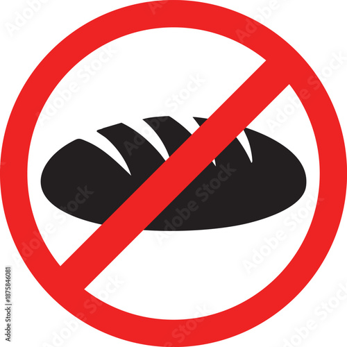 No bread symbol prohibition sign with loaf icon representing dietary restrictions or food allergies isolated on white background