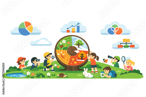 Image Generation. Green hillside alive with discovery where children observe seasons through giant spinning tree rings and clouds