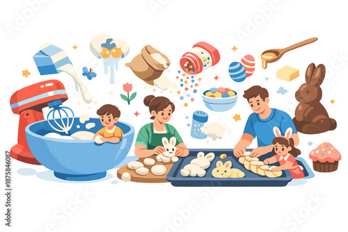 Image Generation. Fresh spring morning kitchen scene shows family members shaping Easter pastries as ingredients hover gently in