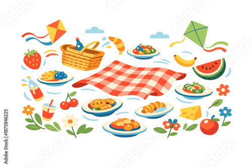Image Generation. Spring countryside picnic imagined as a playful gathering where plates, fruits, and kites drift together in