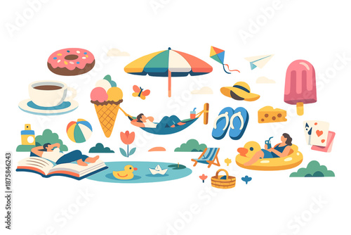 Surreal Relaxation Park. Spring park scene reimagined as a slow enjoyment space where time seems paused and abstract leisure