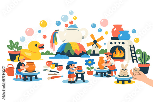 Image Generation. Spring courtyard transformed into a playful maker space where pottery wheels spin gently and colorful ideas rise