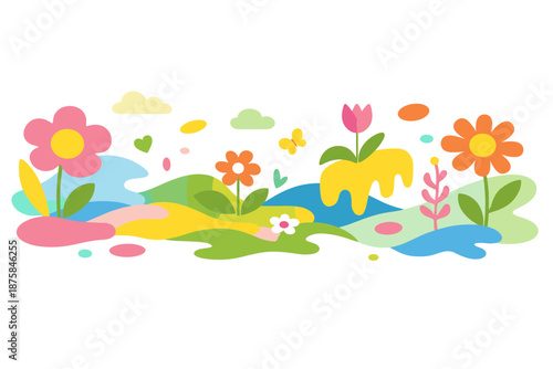 Image Generation. Spring meadow imagined as a flowing palette where pastel and vibrant shapes drift across the space like color