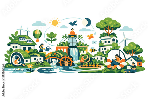 Image Generation. Spring city edge reimagined as a gentle eco scene where buildings blend into plants and clean shapes circulate