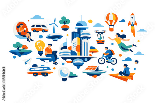 Image Generation. Spring city terrace reimagined as a future-ready scene where abstract buildings, ideas, and people lift lightly