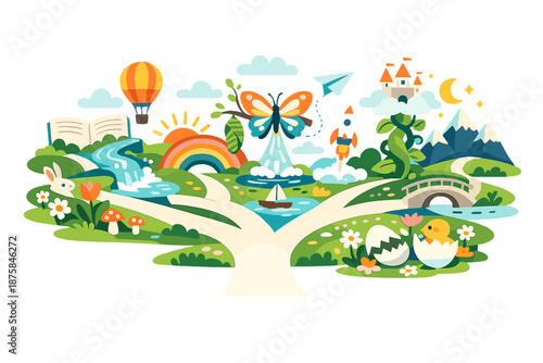 Image Generation. Spring meadow reimagined as a turning-point scene where paths split and reconnect while symbolic elements open