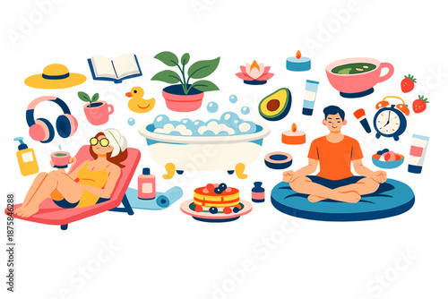 Surreal Spring Terrace. Spring terrace reimagined as a lifestyle space where floating objects, furniture, and symbols of self-care