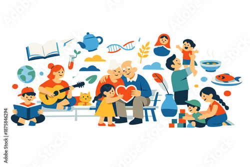 Image Generation. Spring terrace reimagined as a familial connection space where abstract elements representing knowledge,