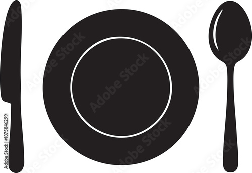 Black silhouette of a dinner plate with a knife and spoon simple flat design for restaurant menus and culinary concepts isolated on white