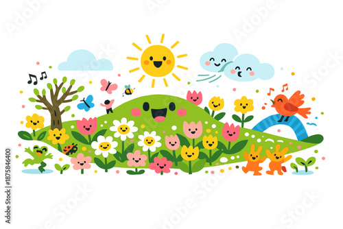 Image Generation. Early April field alive with celebration as buds pop, clouds lean closer, and the ground curves upward in