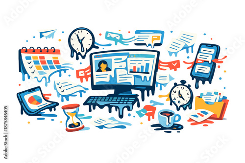 Image Generation. Digital workspace floating across a springlike void where calendars, files, and devices lose solid form, melting