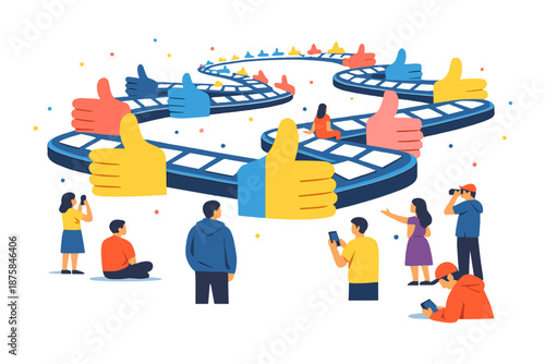 Image Generation. Abstract social landscape unfolding where oversized thumbs form conveyor belts carrying empty tiles forward