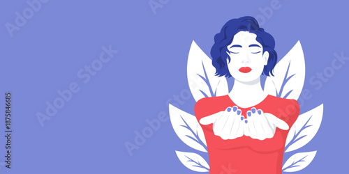A minimalist banner featuring a female figure in a gesture of giving or asking. Template for a postcard, flyer, website, newsletter, poster, or social media post.