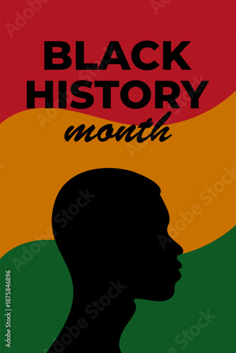 Vertical design for Black History Month featuring African American profile with red, yellow and green colors. Ideal for campaigns, education, social justice or cultural celebration events.