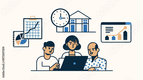 Team collaborating on personal finance management and budgeting concept with graphs and charts on laptop screen
