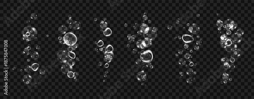 Realistic oxygen bubbles in water on a black background with fizzy sparkles and effervescent style. 