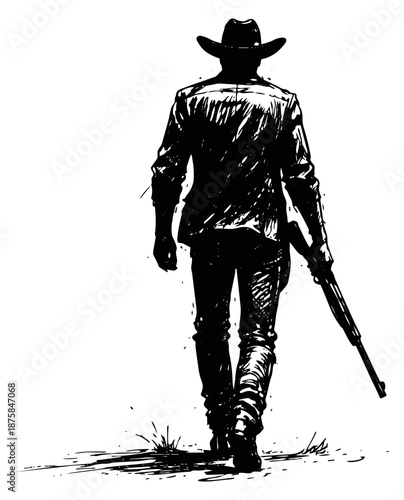 Grunge hand drawn illustration of a cowboy depicting him walking away with a rifle for western entertainment