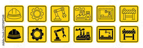 Construction and Industry Icons on Yellow Background for Safety and Guidance