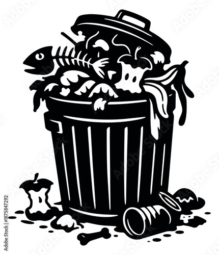 Graphic illustration of a trash can depicting overflowing garbage for waste management