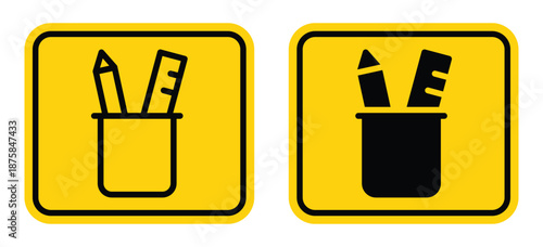 Yellow Icons of Writing Tools in Cups for School or Office Use