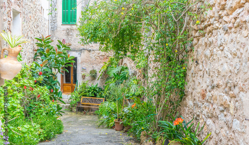 Beautiful street in Valldemossa with traditional flower decoration, famous old mediterranean village of Majorca. Balearic island Mallorca, Spain