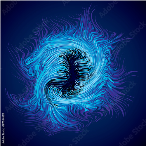 Bright cold cyan circular midpoint shape mystic art design. Sacred magic soul disc sphere form in modern creative tech line style. Navy aqua color motley power blast ball symbol on dark fond for text