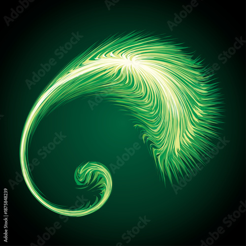 Bright circular white midpoint drawing wave flame shape art design. Fuzzy magic laser sphere form in modern creative fur line style. Lime color power sun boom ball symbol on dark night space for text
