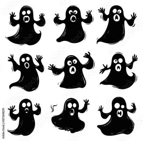 Hand drawn cartoon ghost set featuring various spooky characters and expressions for halloween