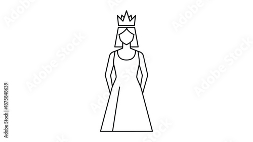 Simple line drawing of a queen with a crown and long flowing dress depicted