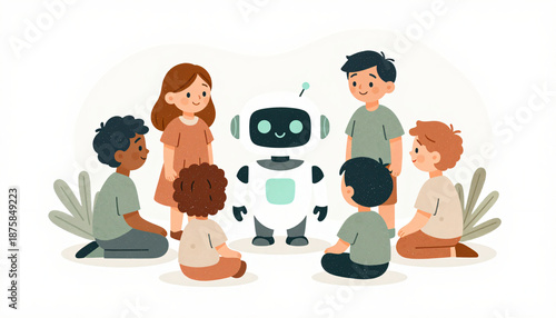 Diverse children surrounding a friendly robot in flat illustration