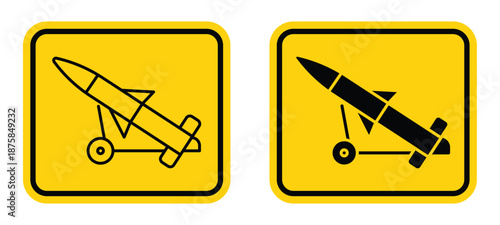 Yellow Warning Signs Featuring Missile Icon Illustrations on Bright Background