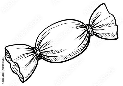 Hand drawn line art illustration of a candy depicting a twisted wrapper for sweet treats and confectionery designs