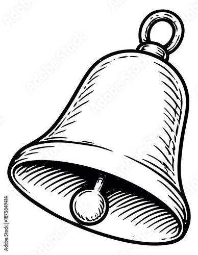 Hand drawn line art illustration of a bell depicting a traditional design for holiday celebrations
