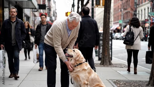 Man kneels next to golden retriever petting it with care in a lively city environment. Busy sidewalk atmosphere with passerby creating urban setting. Concept of pet care, companionship, dog walking