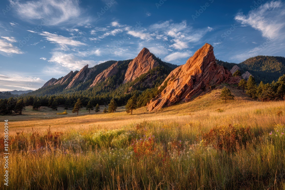 Fototapeta premium Wide-angle scene of Flatirons in Colorado, blue sky and distant pine forests