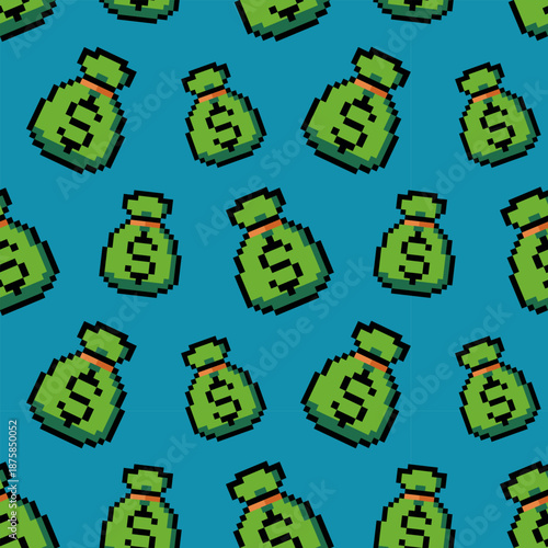 Seamless pixel money bag pattern symbolizing wealth, profit and financial success. Ideal for business design, apps, websites, branding, marketing materials, backgrounds and retro digital projects.