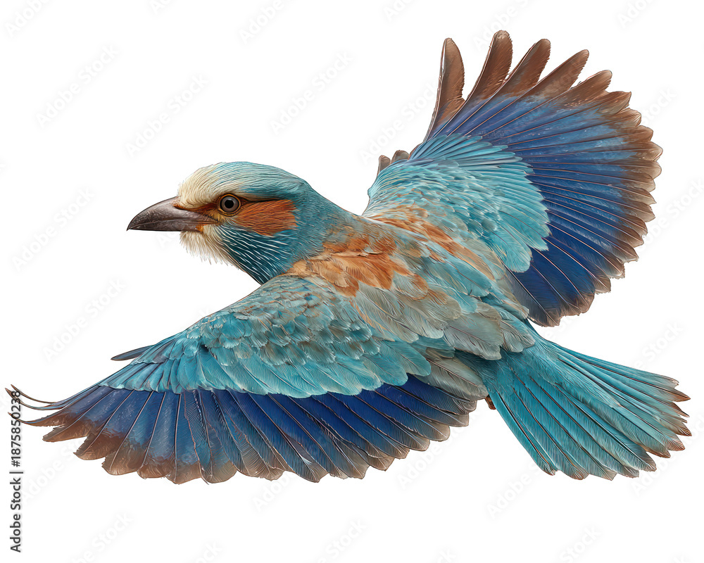 Fototapeta premium Colorful Indian Roller Bird Flying with Open Wings