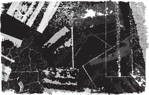 Glitch distorted geometric banner . Noise destroyed background . Trendy defect overlay texture . Glitched collage .Grunge textured . Distressed effect .Vector shapes with stripes screen print texture
