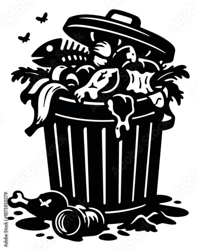 Graphic illustration of a trash can depicting overflowing food waste and flies for waste management concepts