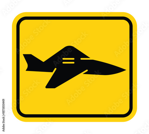 Warning Sign with Fighter Jet Icon on Bright Yellow Background