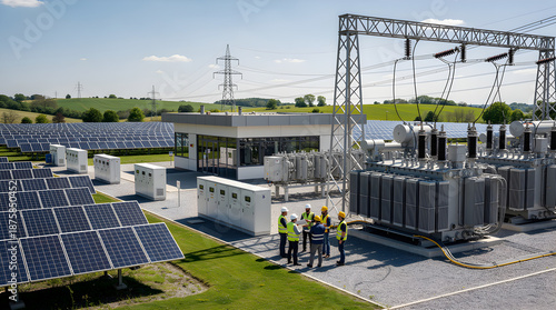 Engineers collaborating at a solar farm substation, managing renewable energy output and grid connection from solar panel rows © ArtPixel-Portfolio