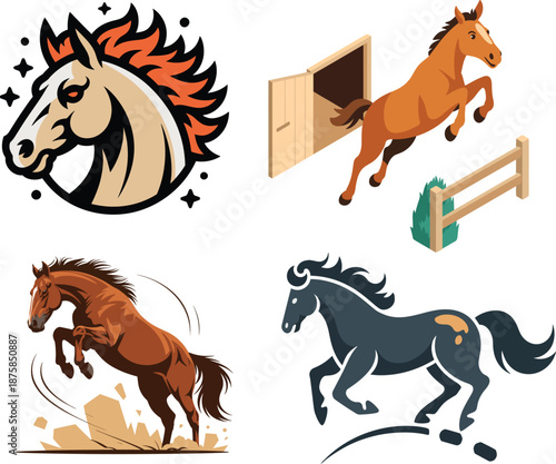 Crazy horse cartoon jumping through stable door with wild mane