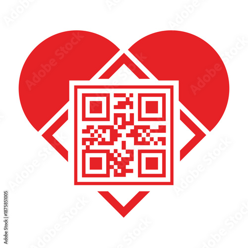 Red heart icon with an integrated QR code isolated on a white background. Concept for digital love, online dating, modern romance, wedding technology, and creative marketing for Valentine's Day.
