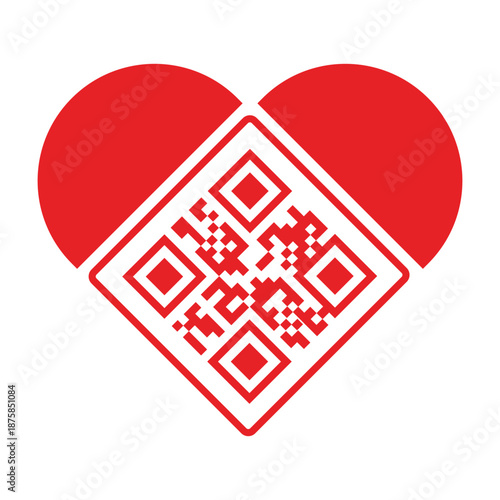 Red heart icon with an integrated QR code isolated on a white background. Concept for digital love, online dating, modern romance, wedding technology, and creative marketing for Valentine's Day.