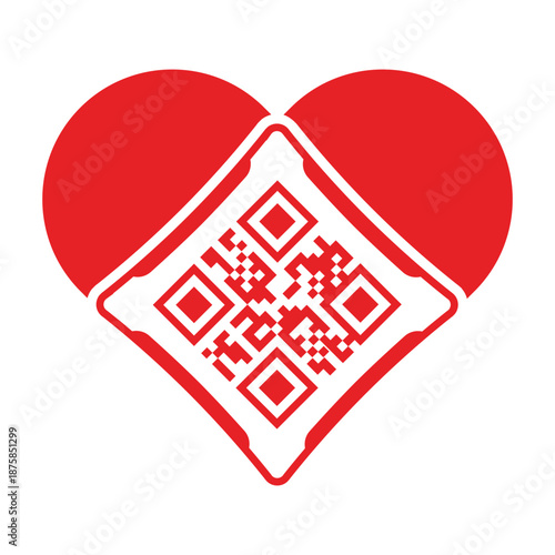 Red heart icon with an integrated QR code isolated on a white background. Concept for digital love, online dating, modern romance, wedding technology, and creative marketing for Valentine's Day.