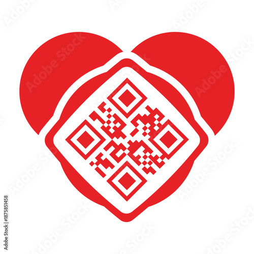 Red heart icon with an integrated QR code isolated on a white background. Concept for digital love, online dating, modern romance, wedding technology, and creative marketing for Valentine's Day.