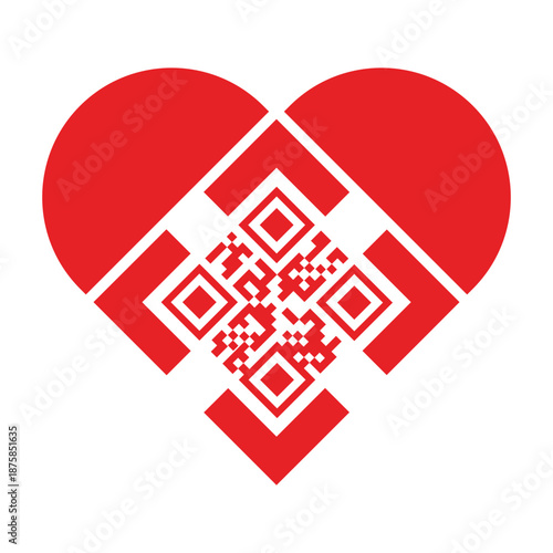 Red heart icon with an integrated QR code isolated on a white background. Concept for digital love, online dating, modern romance, wedding technology, and creative marketing for Valentine's Day.