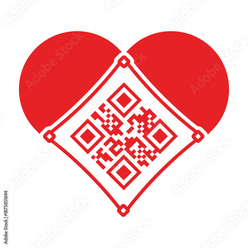 Red heart icon with an integrated QR code isolated on a white background. Concept for digital love, online dating, modern romance, wedding technology, and creative marketing for Valentine's Day.