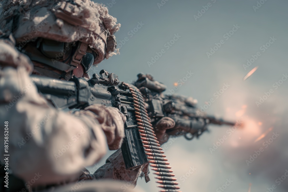 Fototapeta premium Soldier Firing Heavy Machine Gun in Battlefield with Camouflage